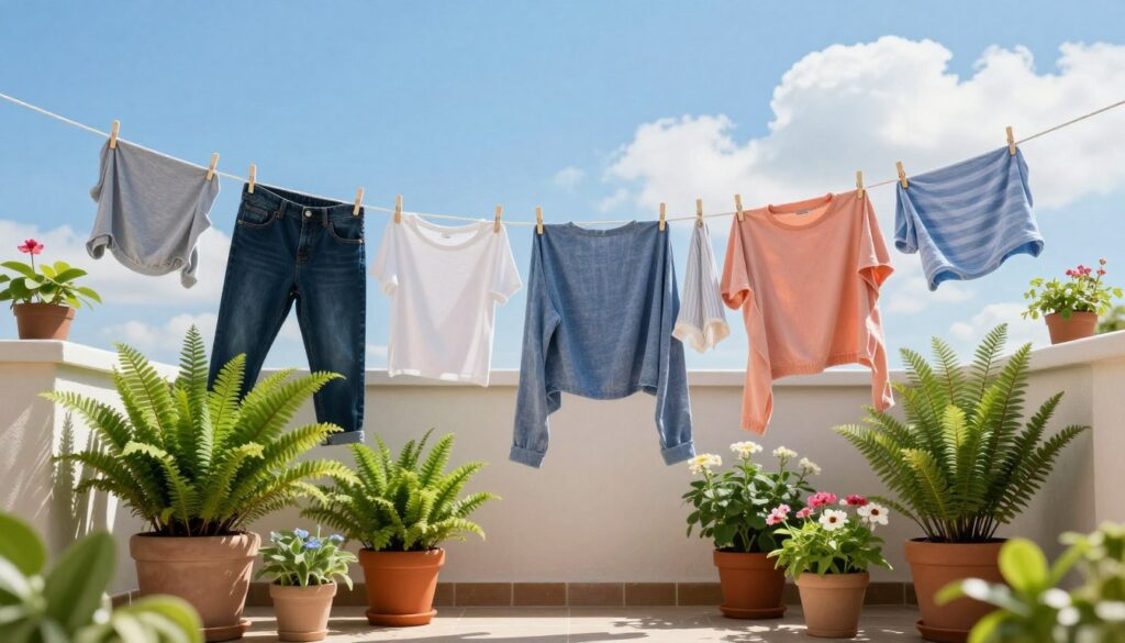 Wäsche trocknen und Pflanzenpflege auf dem Balkon